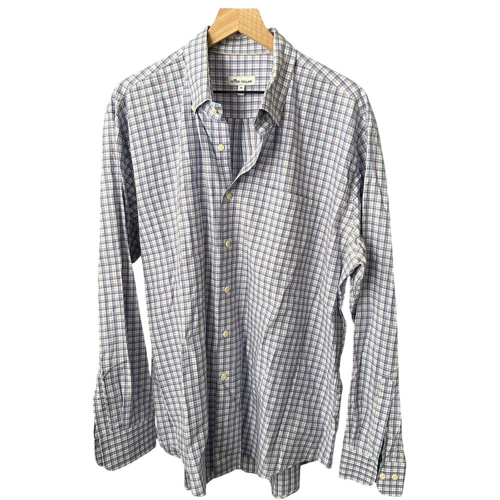 Peter Millar Mens Button Down Shirt XL Blue Purple Checkered 100% Cotton